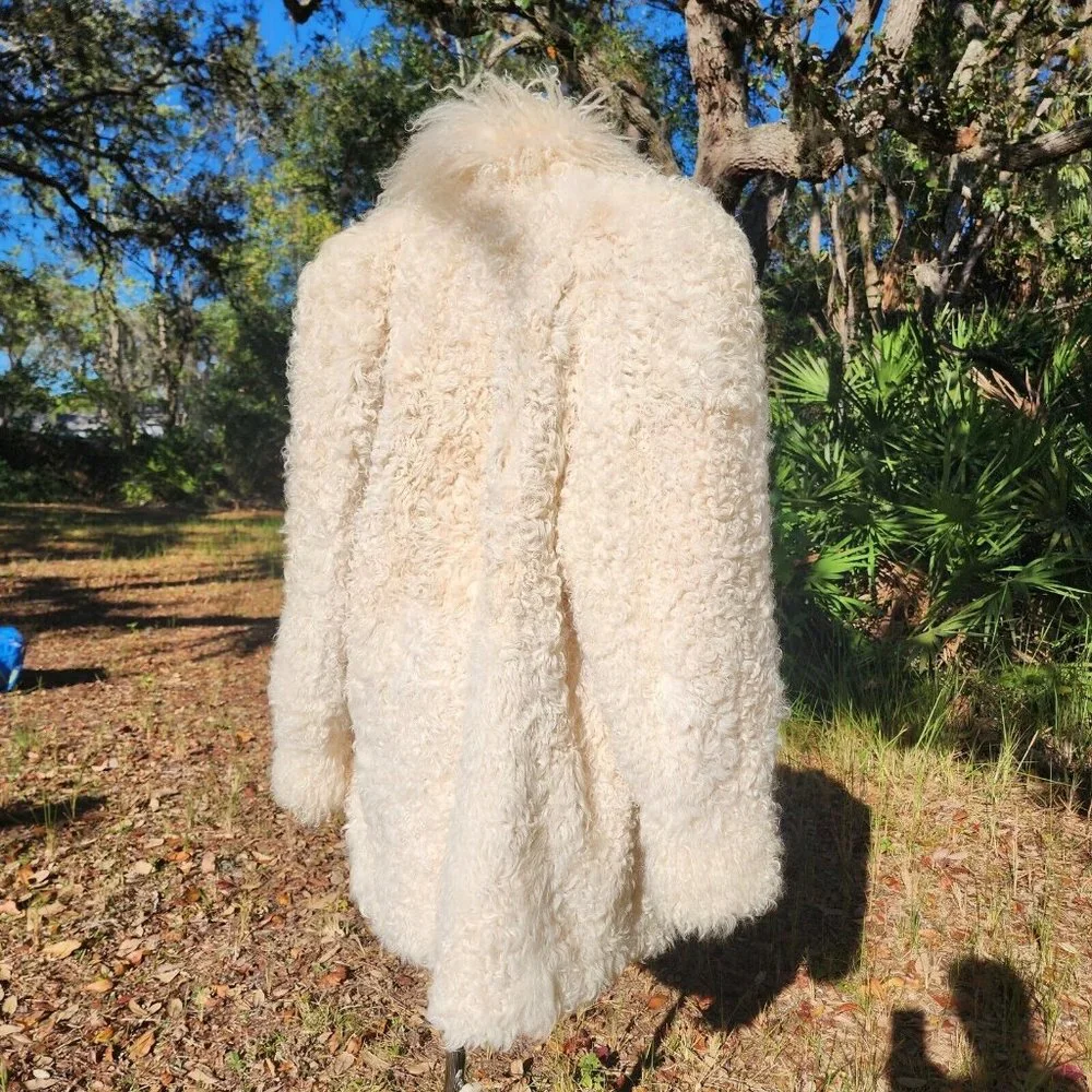 Vintage Genuine Shearling Mongolian Lamb Fur Shag Curly Ivory Long Coat 70's - Picture 10 of 16